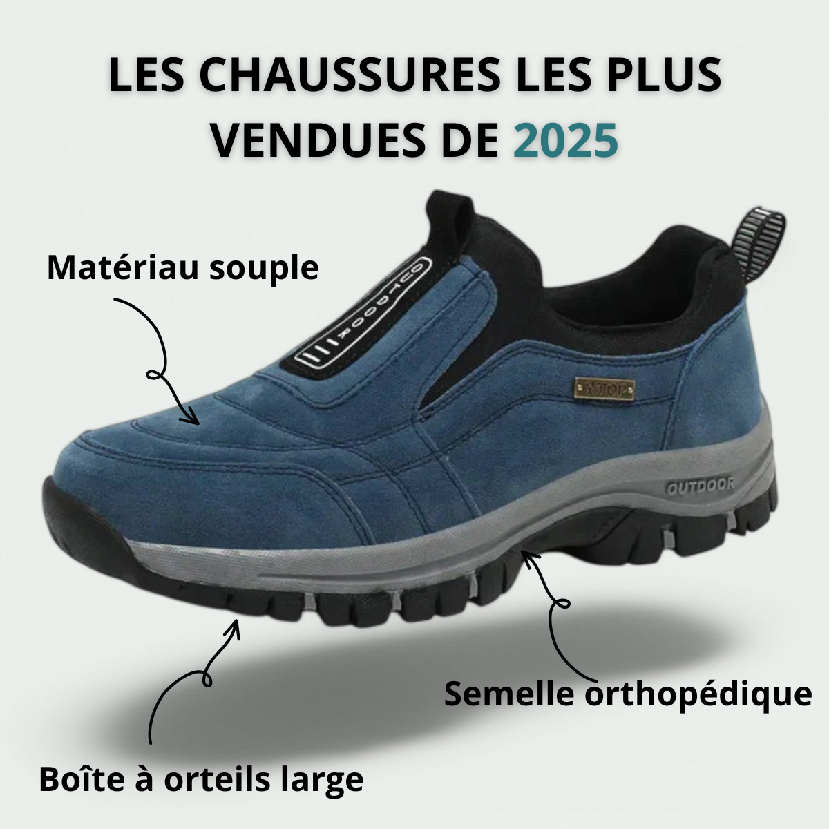 Blue slip-on walking shoe with feature labels