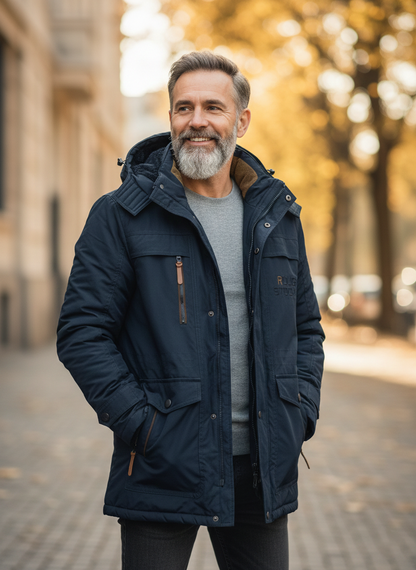 Man wearing the blue hooded fleece-lined parka over a gray sweater