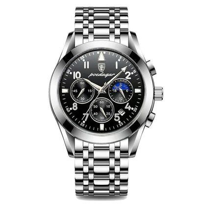 Silver chronograph watch with black dial and Arabic numerals