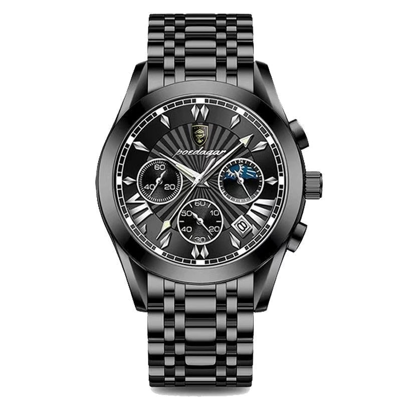 All-black chronograph watch with black ray-pattern dial