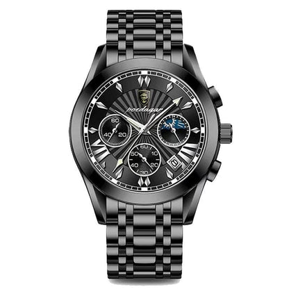 All-black chronograph watch with black ray-pattern dial