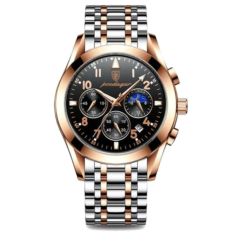 Rose gold and silver chronograph watch with black dial and Arabic numerals