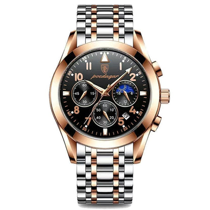 Rose gold and silver chronograph watch with black dial and Arabic numerals