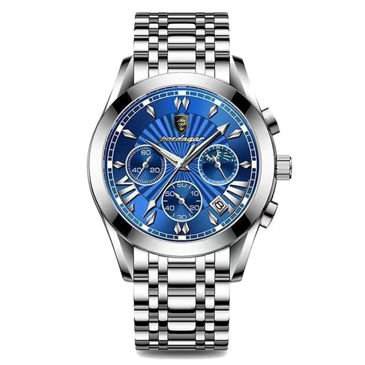 Silver chronograph watch with bright blue dial, Roman numerals and link bracelet