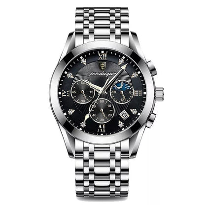 Silver chronograph watch with black dial, Roman numerals and link bracelet