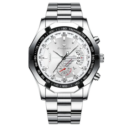 Silver open-heart tachymeter sport watch with white dial
