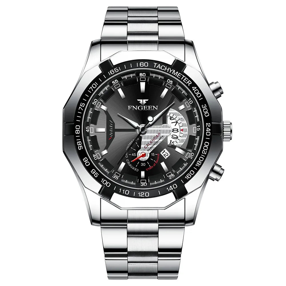 Silver open-heart tachymeter sport watch with black dial