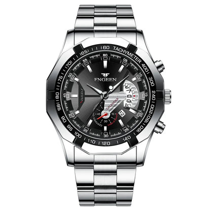Silver open-heart tachymeter sport watch with black dial