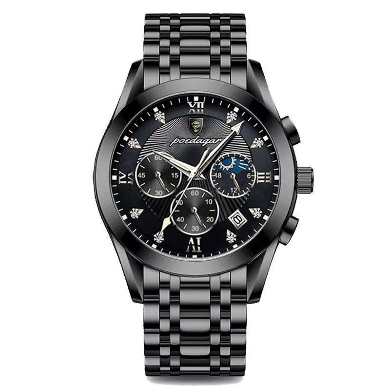 All-black chronograph watch with black dial and black link bracelet