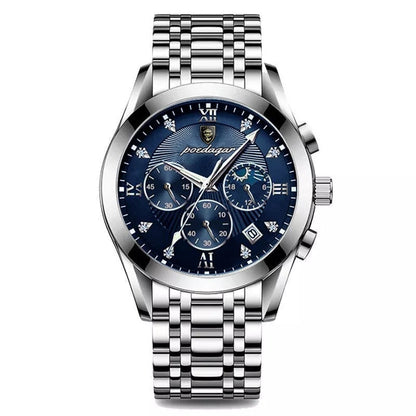 Silver chronograph watch with navy blue dial, Roman numerals and link bracelet