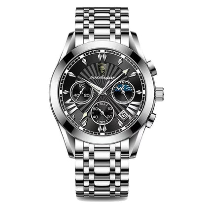 Silver chronograph watch with black ray-pattern dial and link bracelet