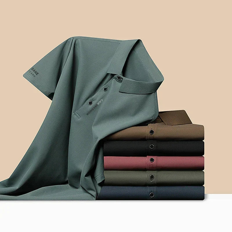 Waffle knit polo shirts folded in a stack of colors