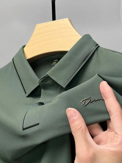 Army green waffle-knit polo shirt with tipped collar and curved placket