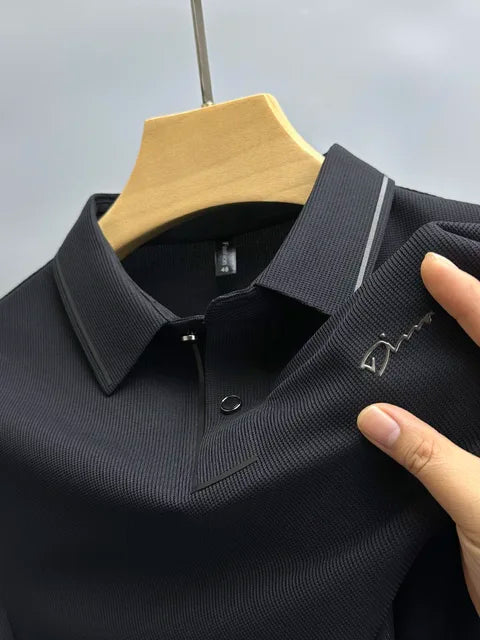Black waffle-knit polo shirt with tipped collar and curved placket