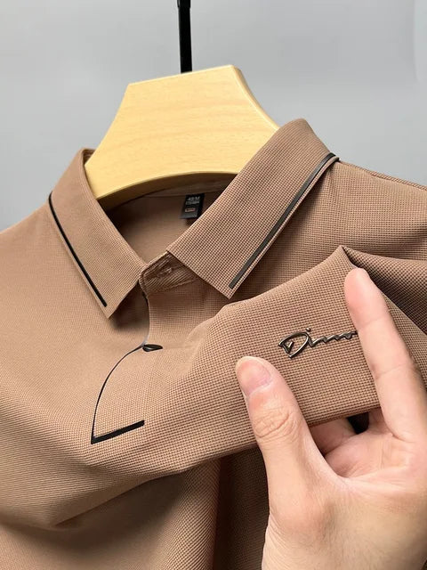 Khaki waffle-knit polo shirt with tipped collar and curved placket