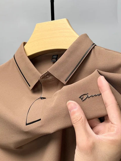 Khaki waffle-knit polo shirt with tipped collar and curved placket