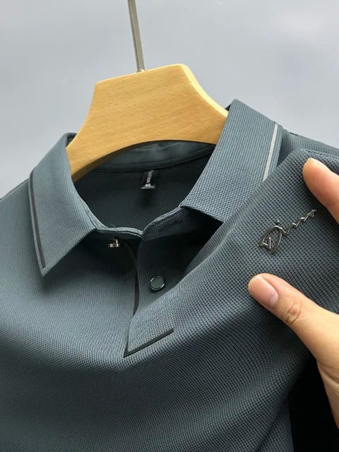 Gray green waffle-knit polo shirt with tipped collar and curved placket