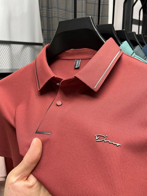 Red waffle-knit polo shirt with tipped collar and curved placket