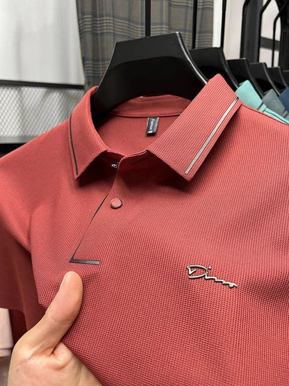Red waffle-knit polo shirt with tipped collar and curved placket