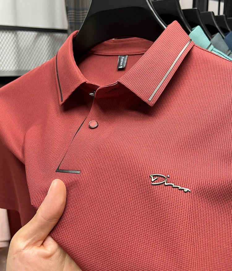 Red waffle-knit polo shirt close-up of collar and placket