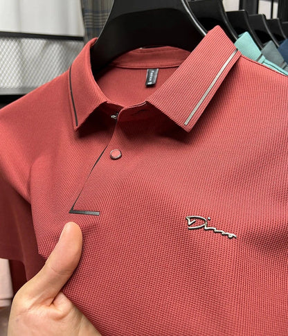 Red waffle-knit polo shirt close-up of collar and placket