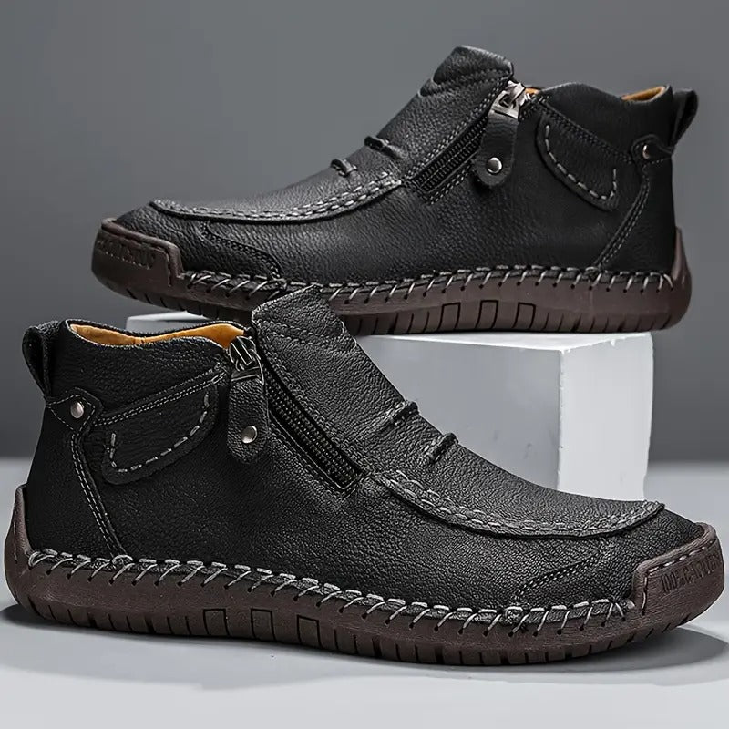 Black side-zip moc-toe ankle boots