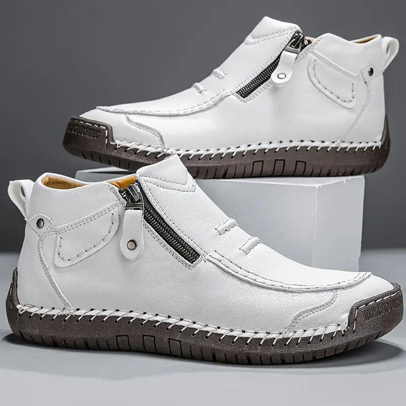 White side-zip moc-toe ankle boots