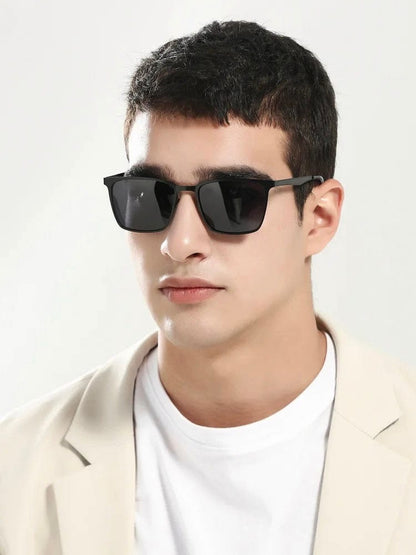 Side view of square metal frame sunglasses on a man