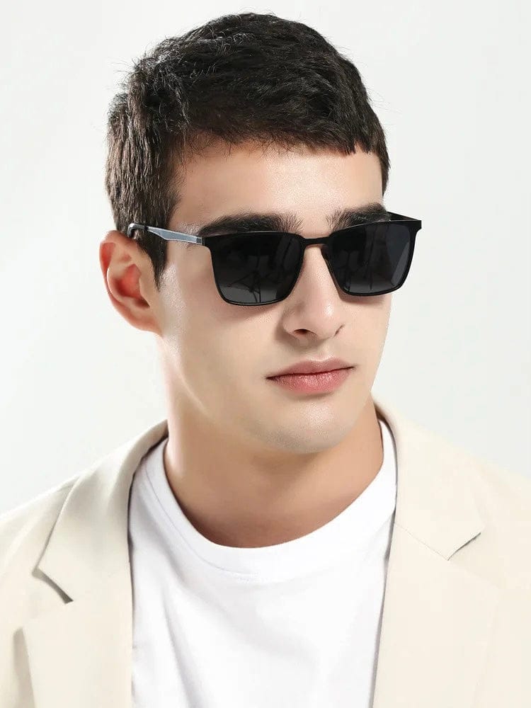 Square metal frame sunglasses, three-quarter view on a man