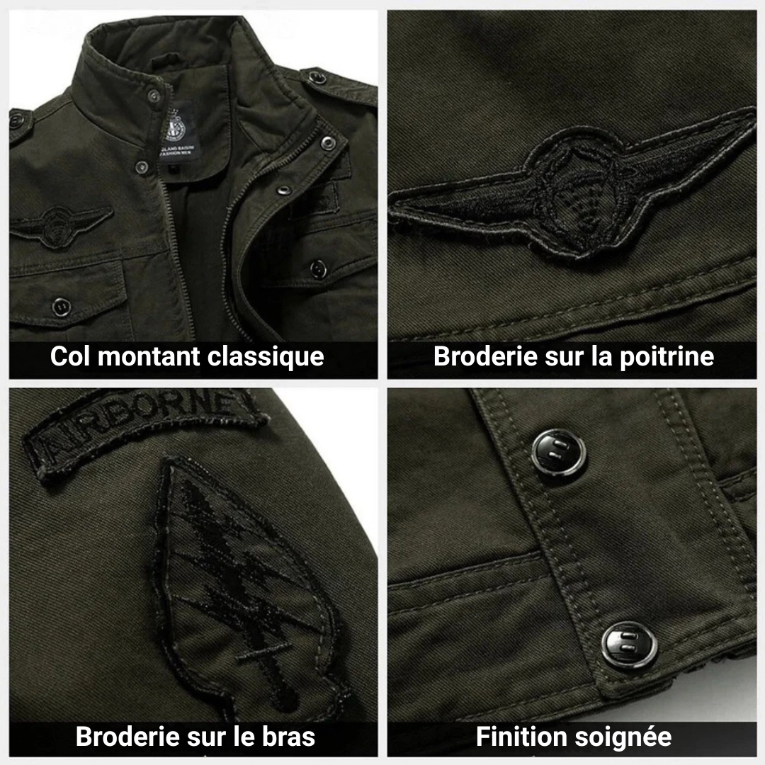 Close-ups of the military jacket: stand collar, chest patch, sleeve patches and snap buttons