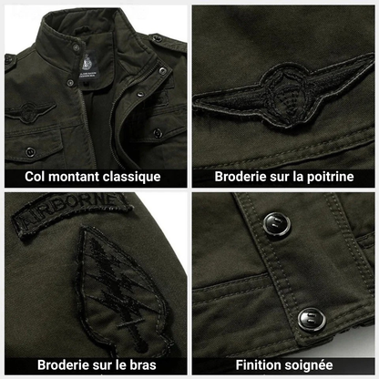 Close-ups of the military jacket: stand collar, chest patch, sleeve patches and snap buttons