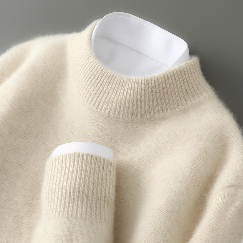 Beige brushed knit crew neck sweater with ribbed neckline and cuff