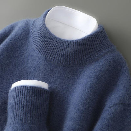 Blue brushed knit crew neck sweater with ribbed neckline and cuff