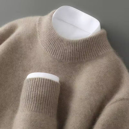 Brown brushed knit crew neck sweater with ribbed neckline and cuff