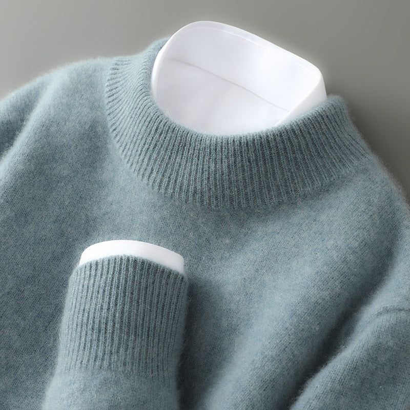 Green brushed knit crew neck sweater with ribbed neckline and cuff