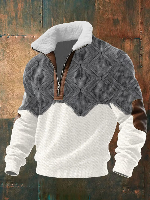 Gray and white sherpa-collar half-zip sweater