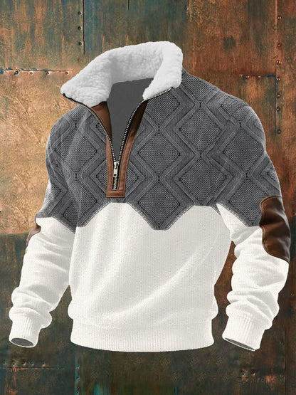 Gray and white sherpa-collar half-zip sweater
