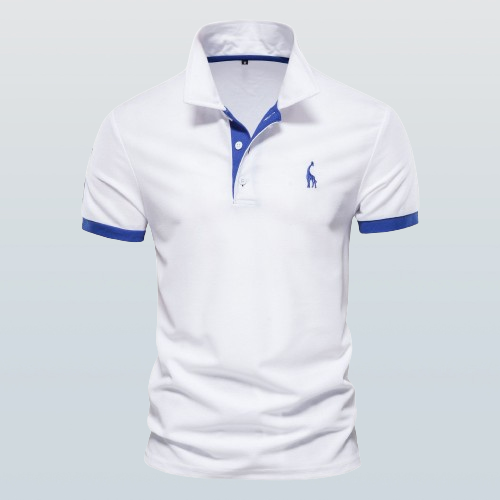 White contrast-trim polo shirt with blue placket and blue sleeve bands