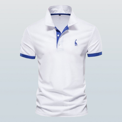 White contrast-trim polo shirt with blue placket and blue sleeve bands