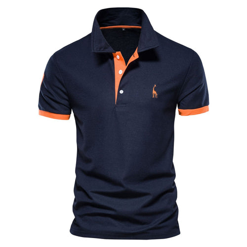 Navy blue contrast-trim polo shirt with orange placket and orange sleeve bands, front view