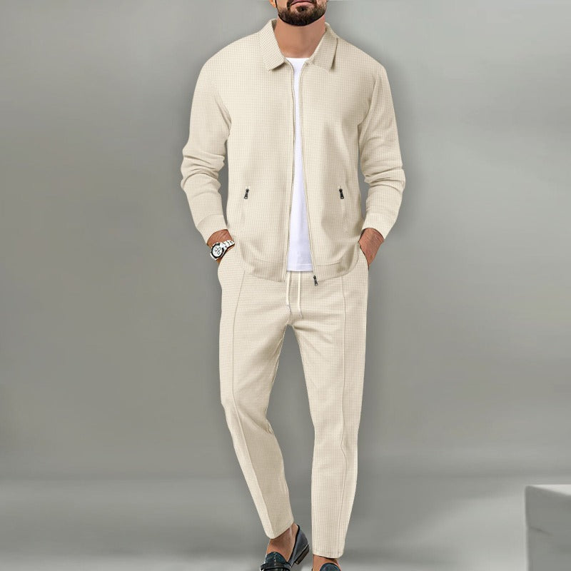 Beige waffle-knit zip jacket and drawstring pants set worn over a white T-shirt