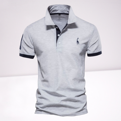 Gray contrast-trim polo shirt with black placket and black sleeve bands