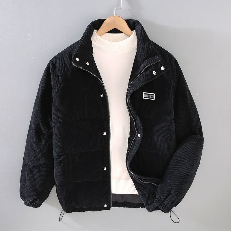 Men's black corduroy puffer jacket with stand collar, front view