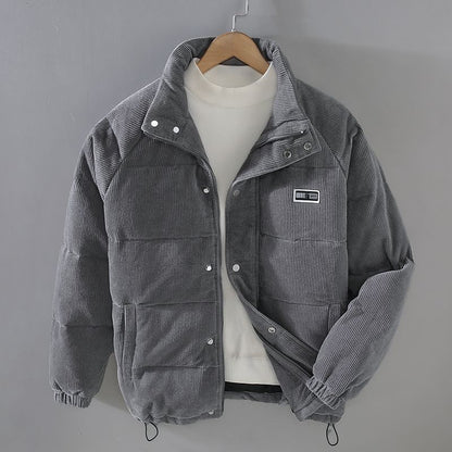 Men's gray corduroy puffer jacket with stand collar, front view