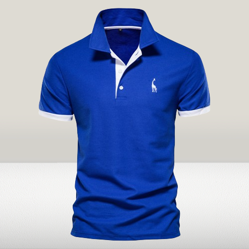 Blue contrast-trim polo shirt with white placket and white sleeve bands