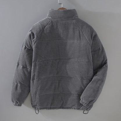 Men's gray corduroy puffer jacket, back view