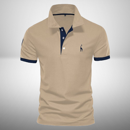Khaki contrast-trim polo shirt with black placket and black sleeve bands