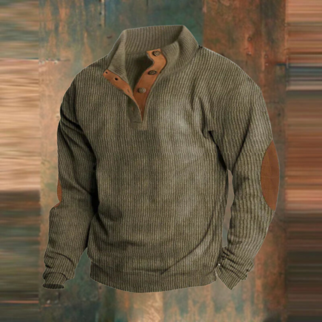 Olive ribbed button-neck pullover