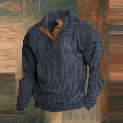 Navy blue ribbed button-neck pullover