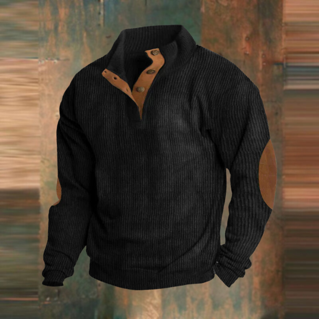 Black ribbed button-neck pullover